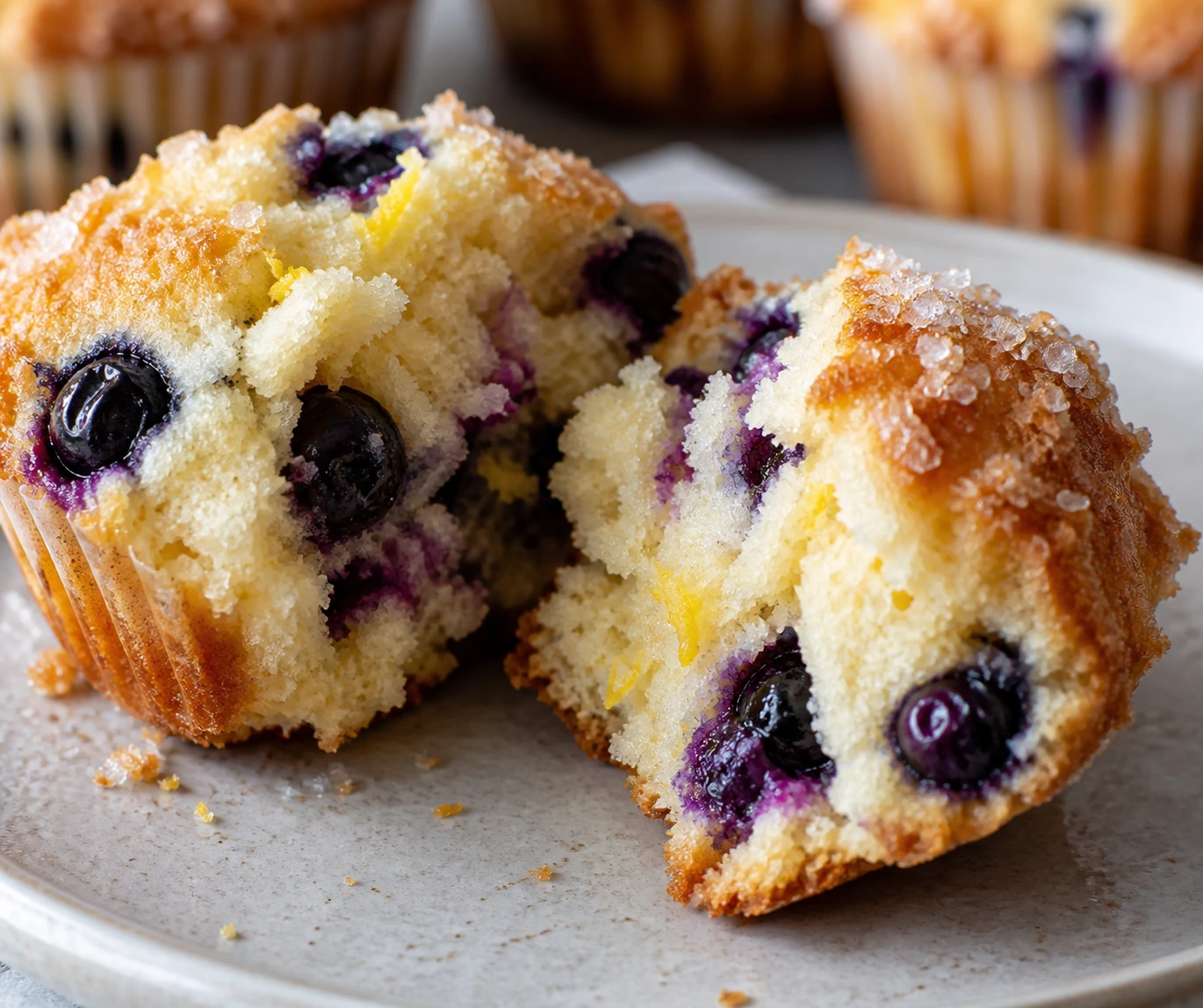 A split blueberry muffin shows tender pale crumb, whole berries, and a crisp sugar crust.