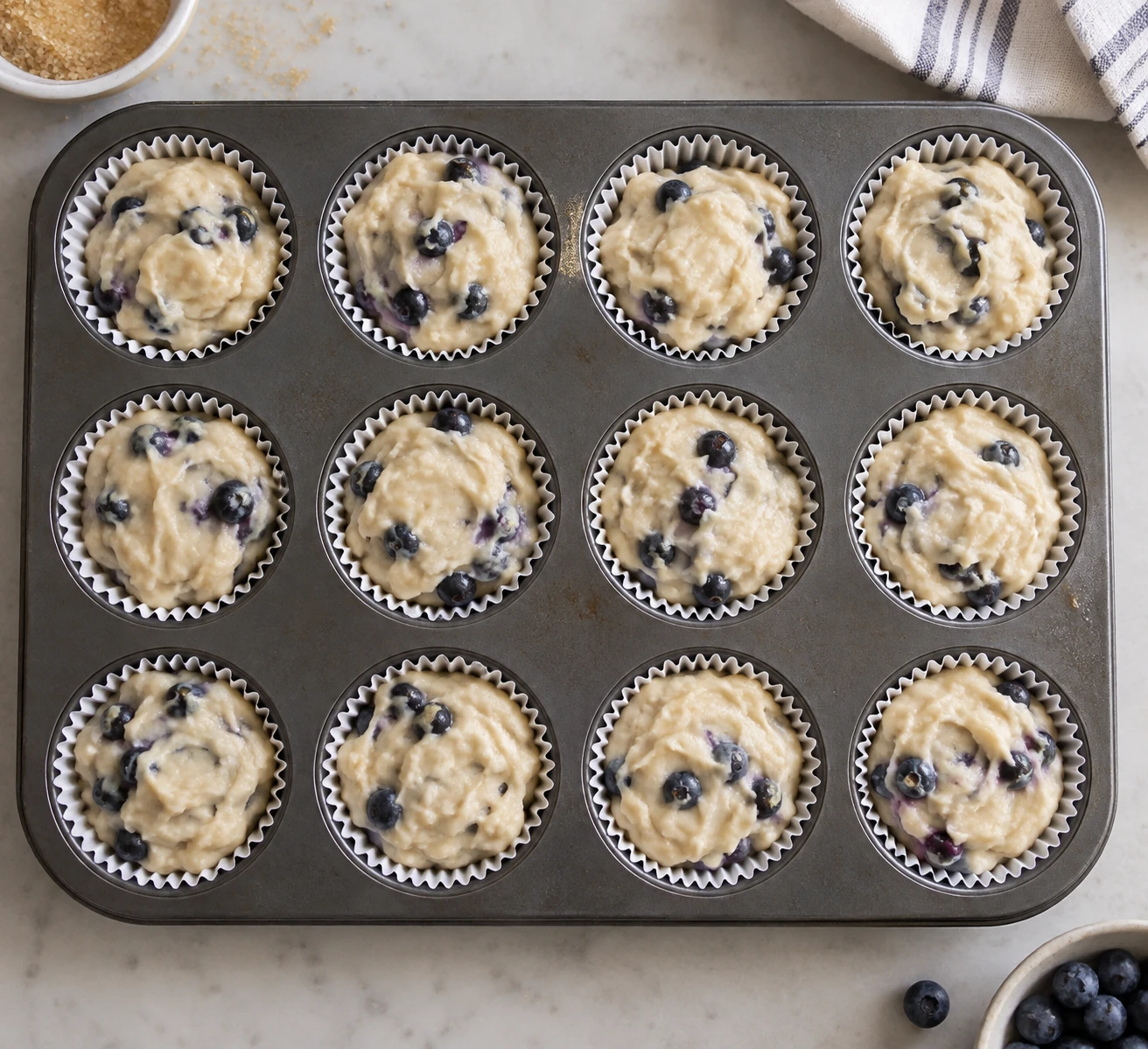 Thick blueberry muffin batter nearly fills paper-lined cups in a standard muffin pan.