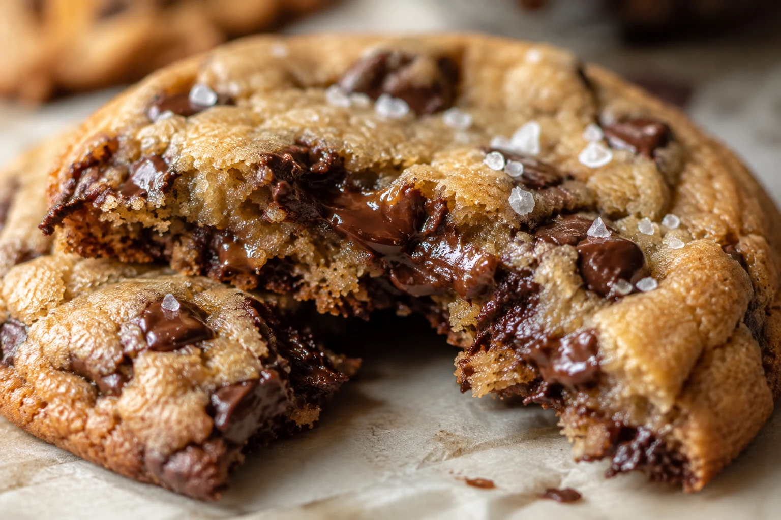 A broken brown butter chocolate chip cookie shows a chewy center, melted dark chocolate, crisp edge, and flaky salt.