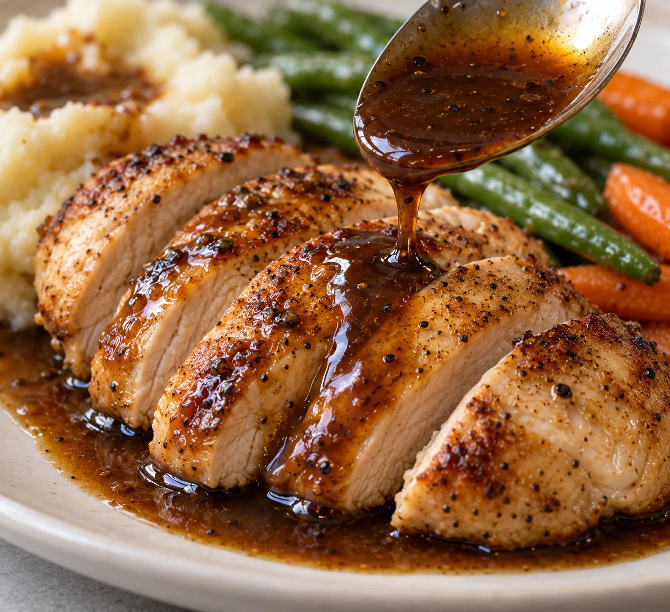 A glossy balsamic pan sauce coats the browned edge of sliced chicken breast.
