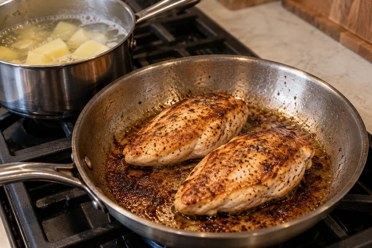 Chicken breasts sear in a skillet as potato chunks simmer in a saucepan nearby.