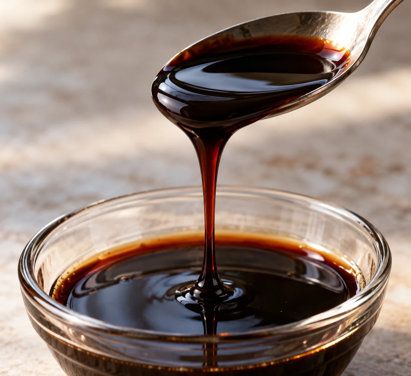 A glossy balsamic ribbon falls from a spoon, still fluid enough to pour.