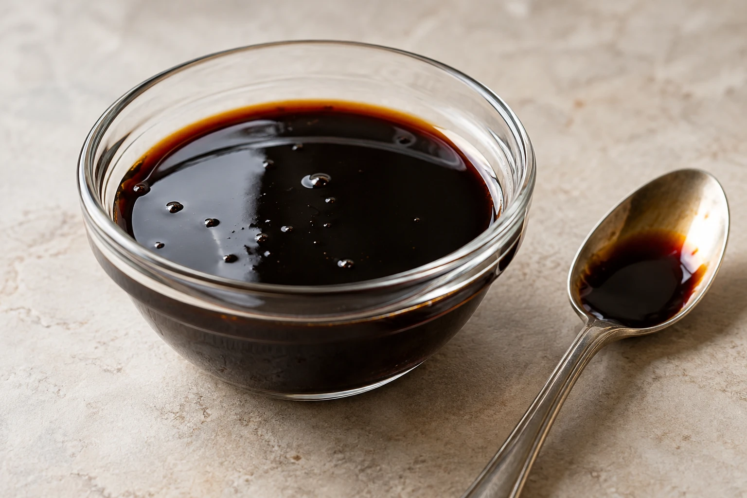 A small bowl holds glossy dark balsamic reduction beside a spoon on a neutral surface.
