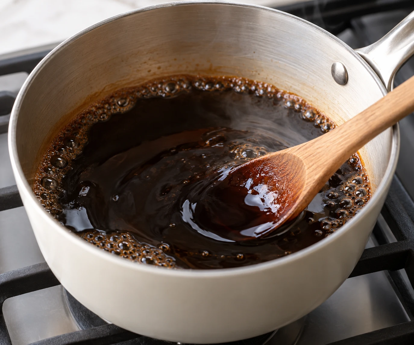 Balsamic vinegar simmers gently in a light-colored saucepan as a spoon stirs it.