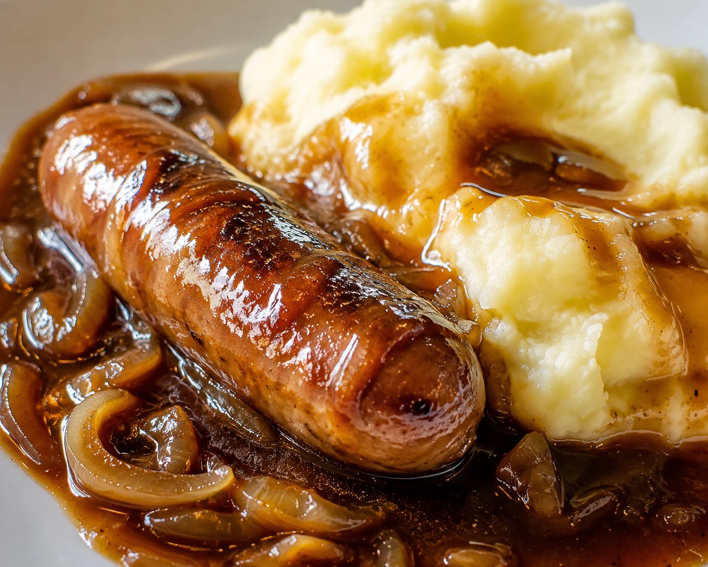 Glossy onion gravy coats a bronzed sausage beside soft peaks of buttery mashed potatoes.
