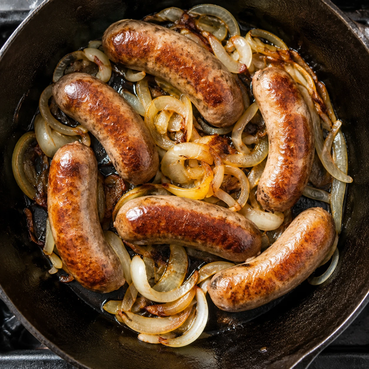 Pork sausages brown in a skillet beside sliced onions turning soft and amber.