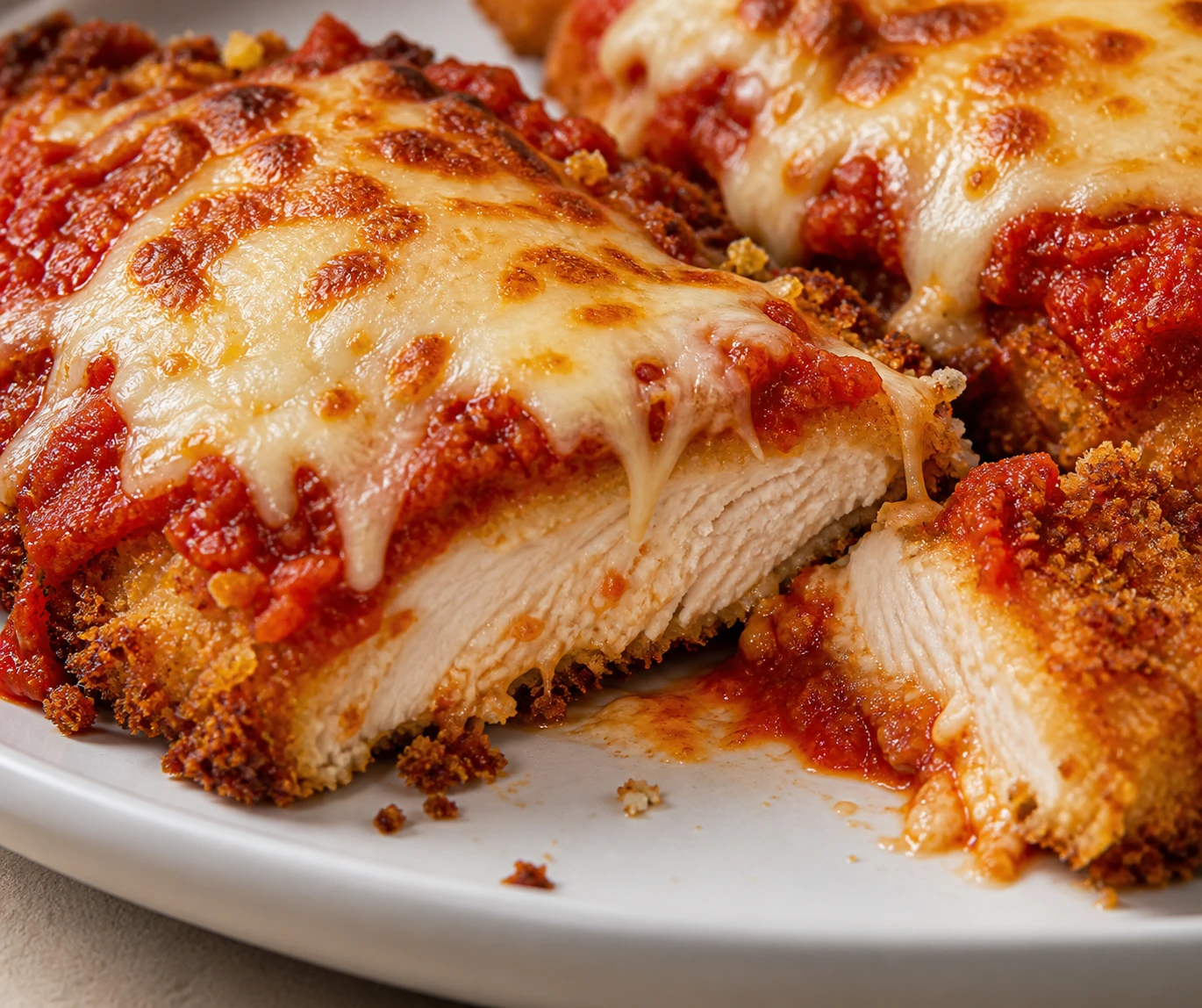 A sliced chicken Parmesan cutlet reveals tender chicken beneath a crisp panko crust and melted cheese.