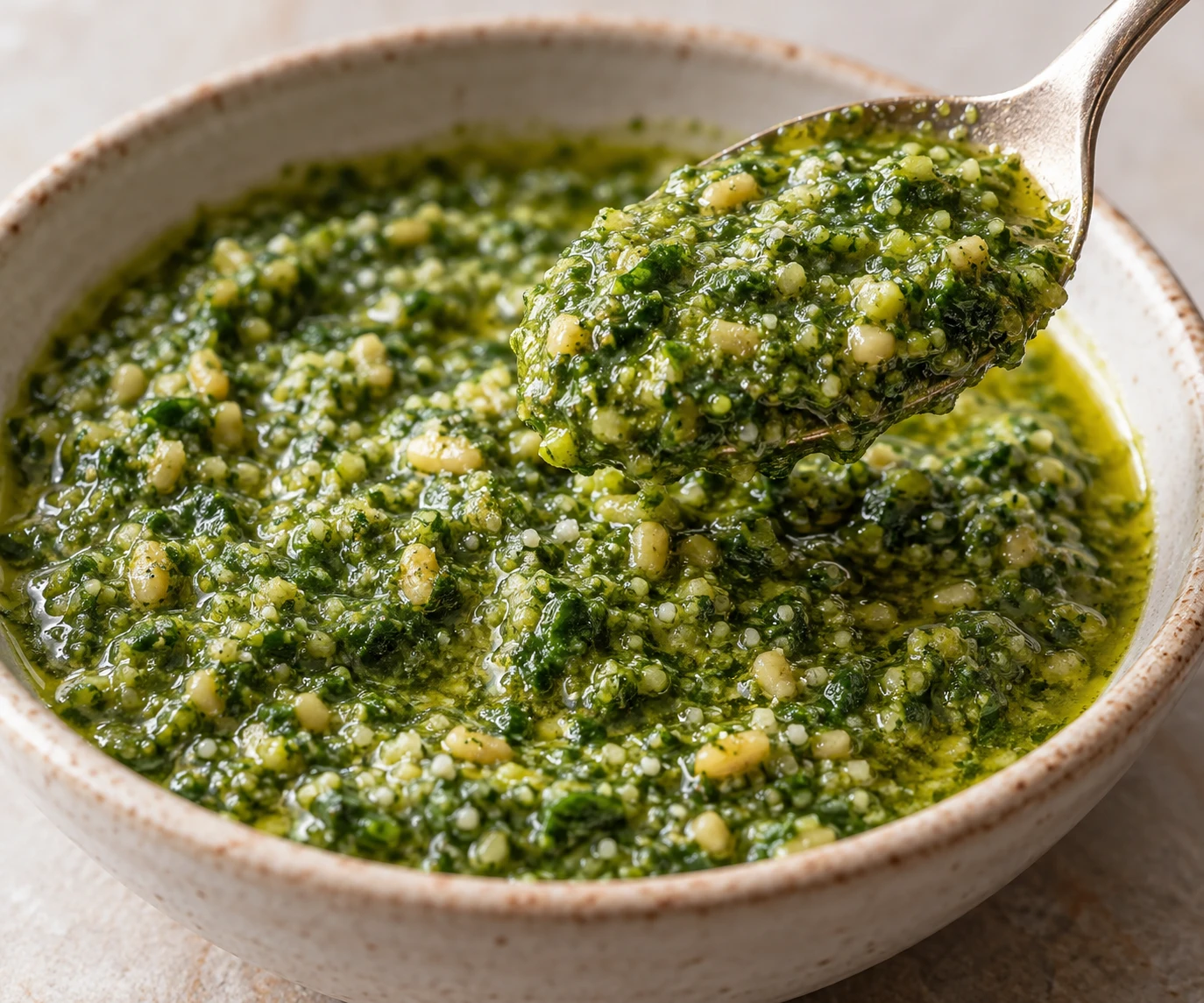 A spoonful of cohesive basil pesto shows fine green flecks and small nut pieces without a pool of oil.