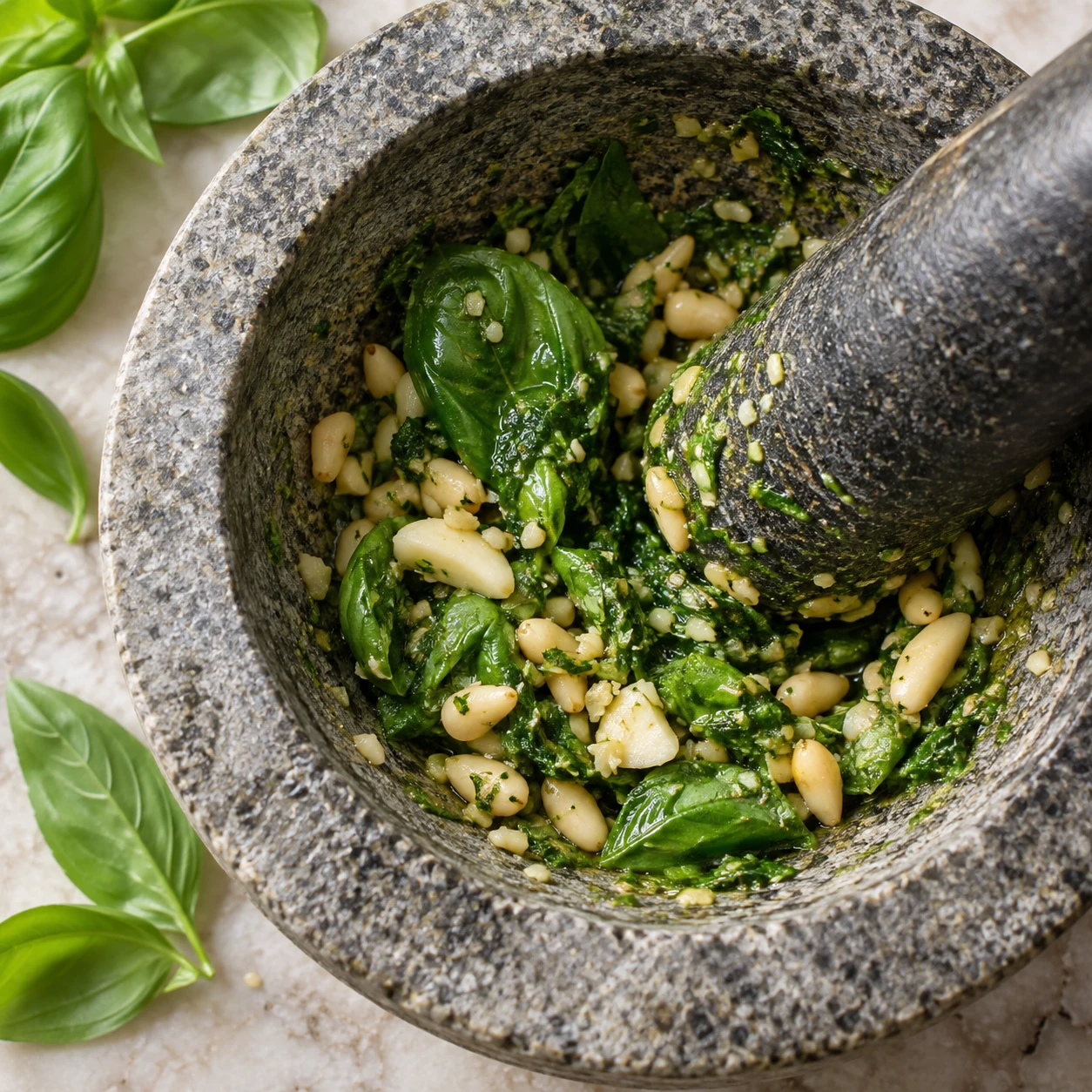 Basil leaves and pine nuts are coarsely crushed together in a stone mortar before the oil is added.