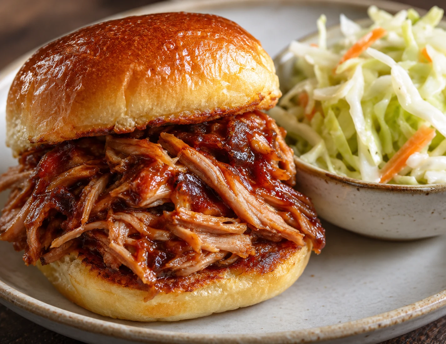Tender barbecue pork fills a golden slider roll beside crisp shredded cabbage slaw.