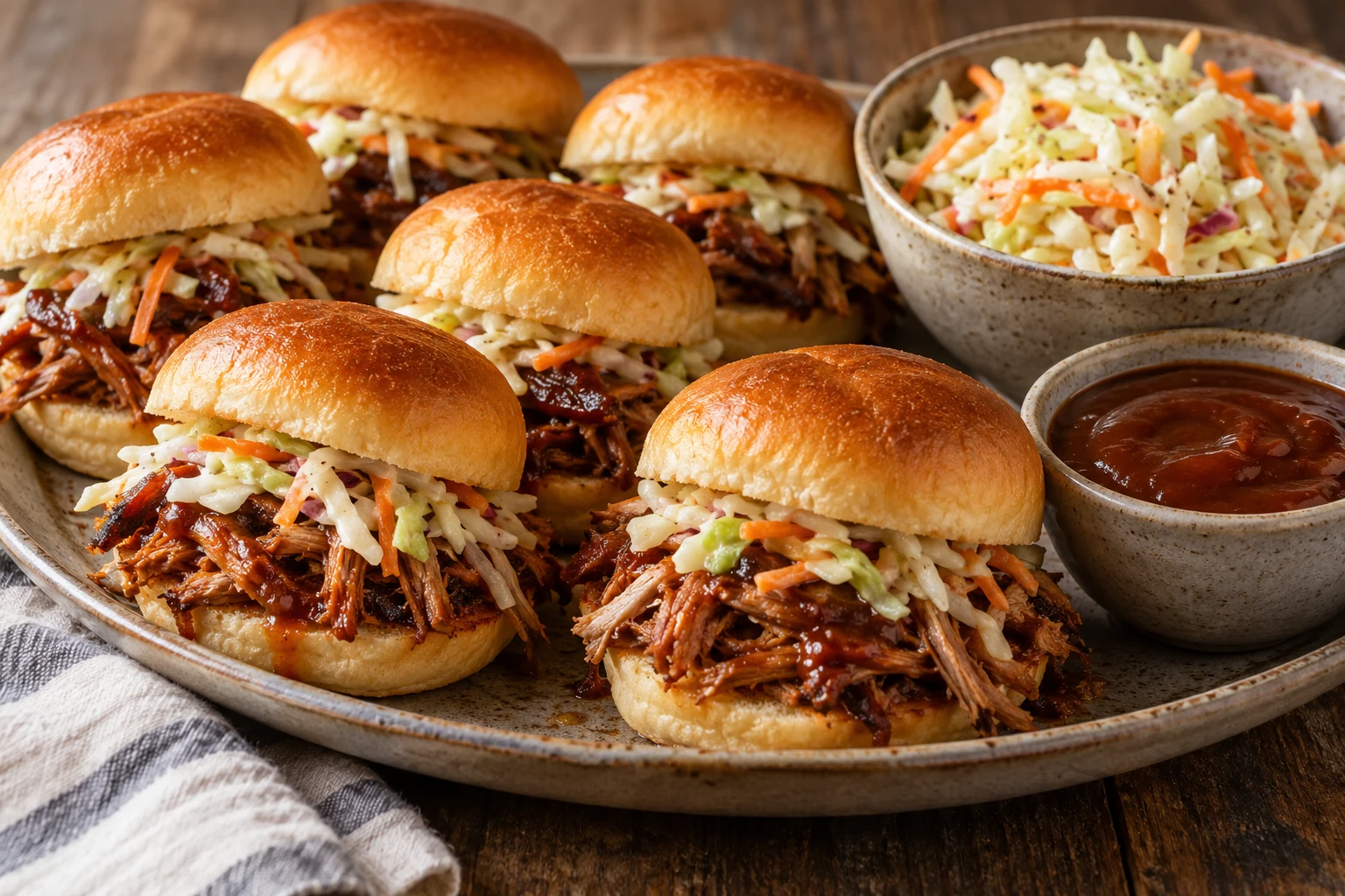 A platter of toasted pulled pork sliders sits beside bowls of crunchy vinegar slaw and barbecue sauce.