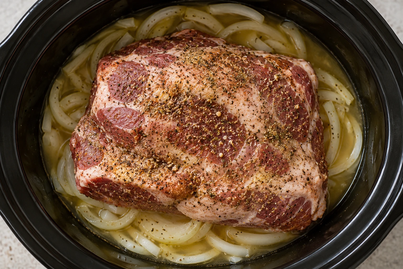 Seasoned pork shoulder rests over sliced onion and braising liquid in a slow cooker insert.
