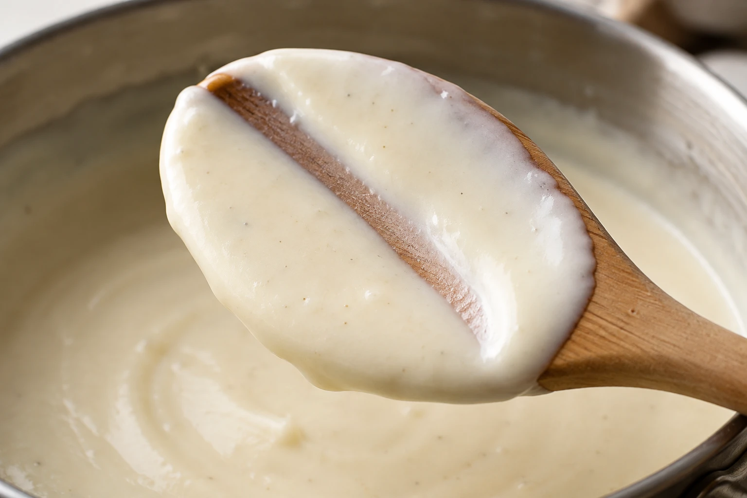 A spoon shows smooth béchamel clinging evenly with a clear track through its glossy surface.