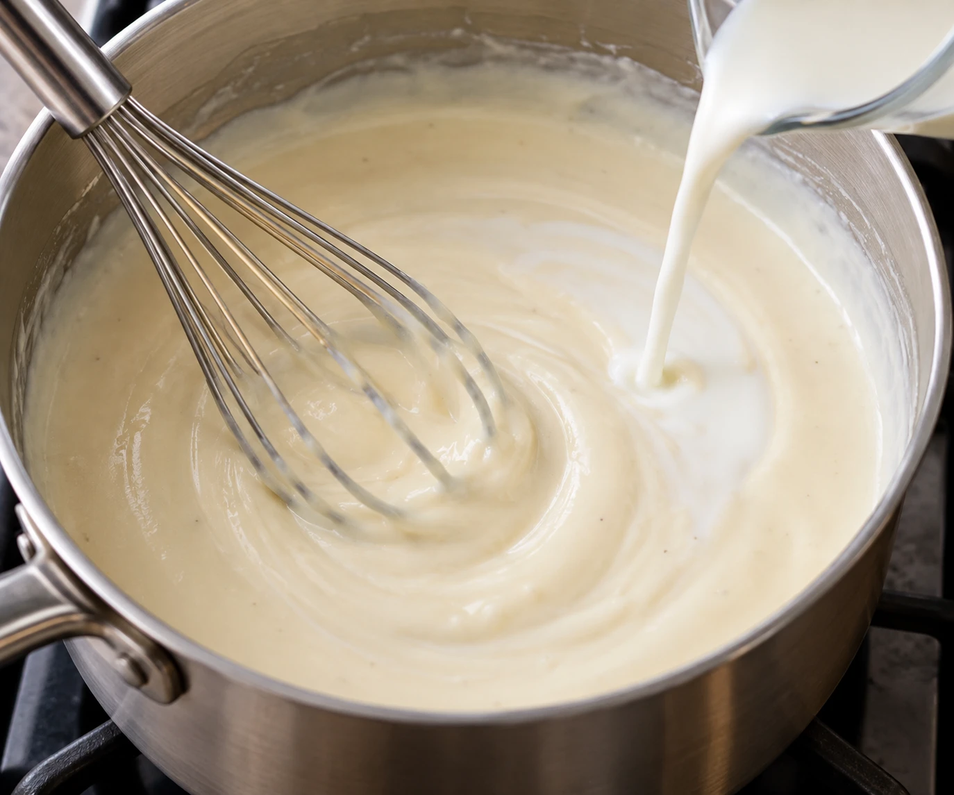 Warm milk is whisked into a pale roux in a saucepan to form the base of béchamel.