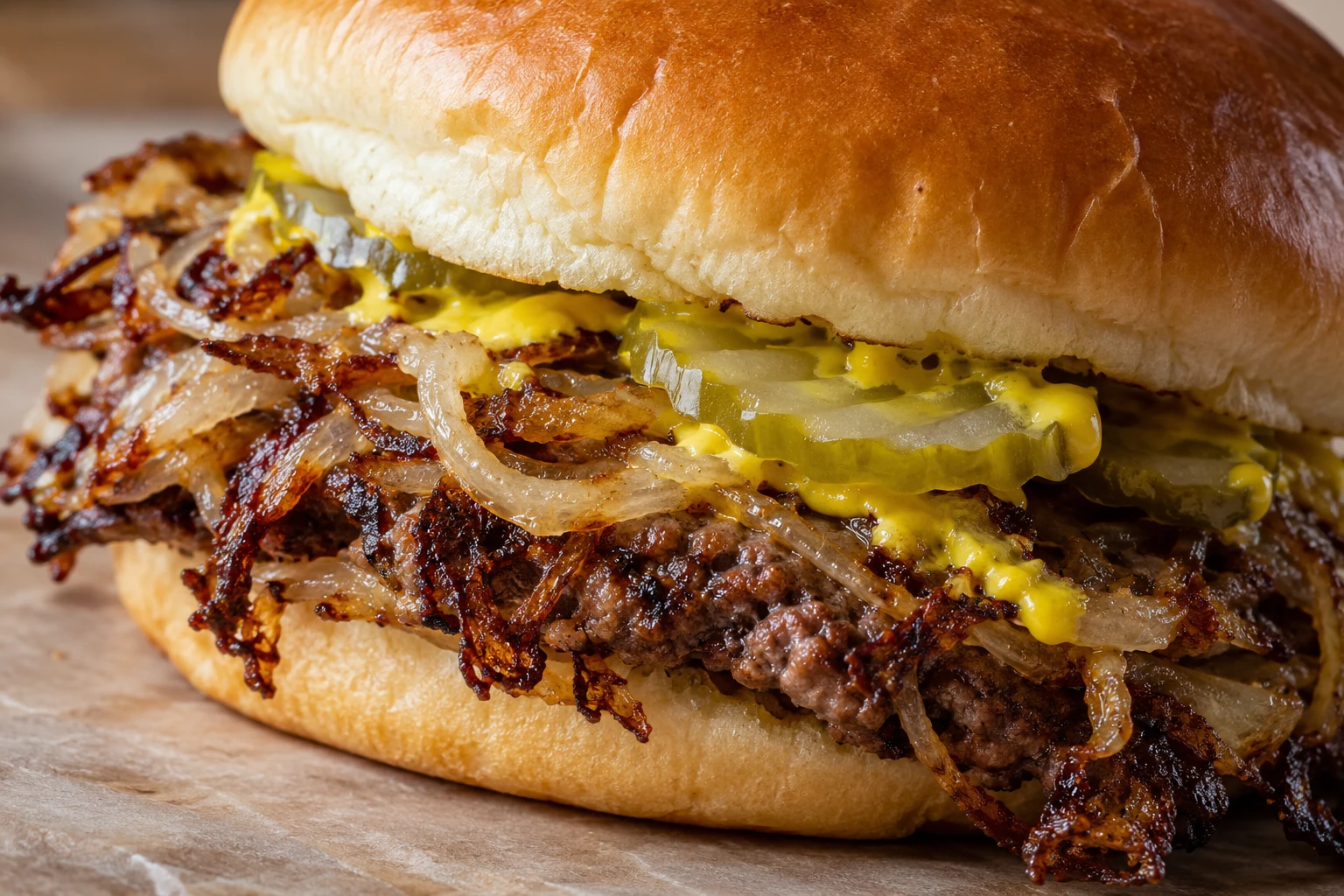 A close view shows crisp browned onion lace fused to beef beneath a soft bun with mustard and pickles.