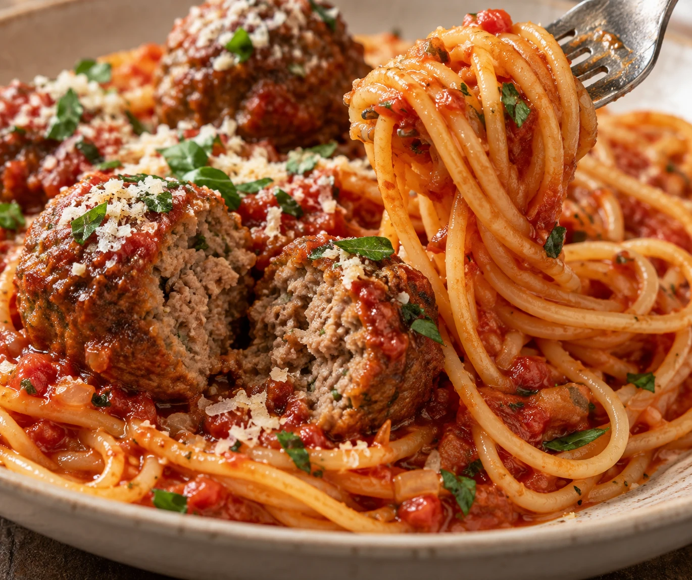 A forkful of tomato-coated spaghetti rests beside a split tender meatball with Parmesan and parsley.