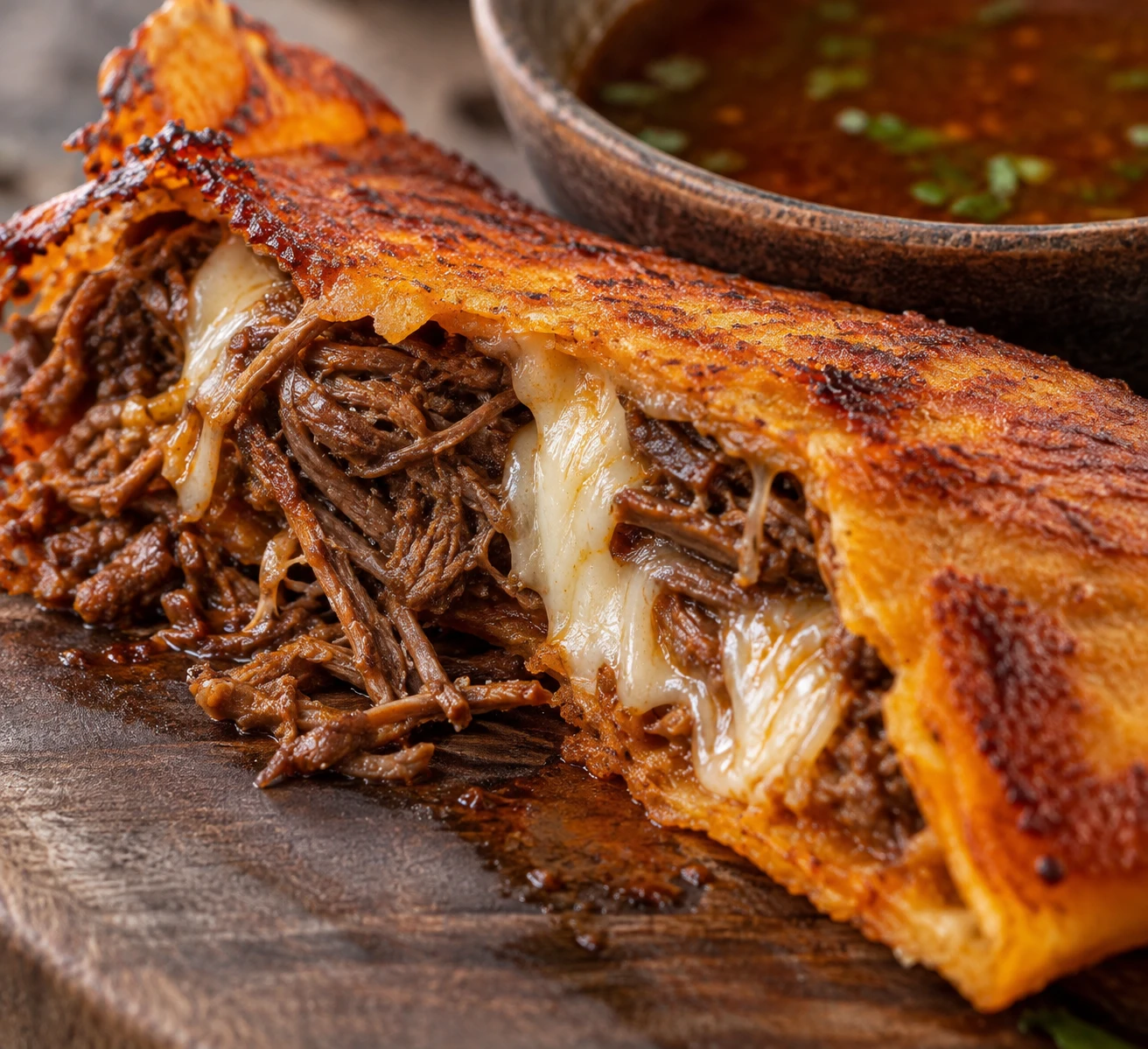 A crisp chile-stained quesataco reveals juicy shredded beef and molten Oaxaca cheese at its broken edge.