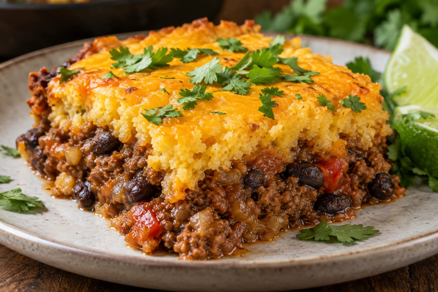 A tamale pie portion reveals moist beef and black bean filling beneath a tender golden cheddar cornmeal crust.