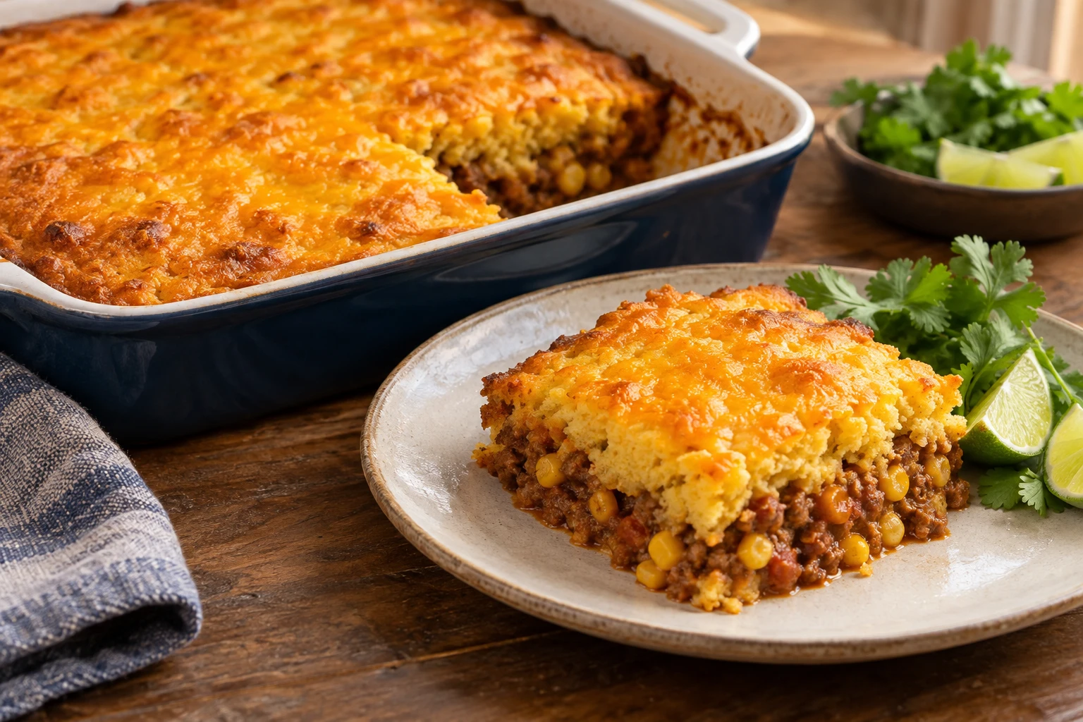 Golden cornmeal and cheddar crust covers a beef and black bean casserole with cilantro and lime on the side.