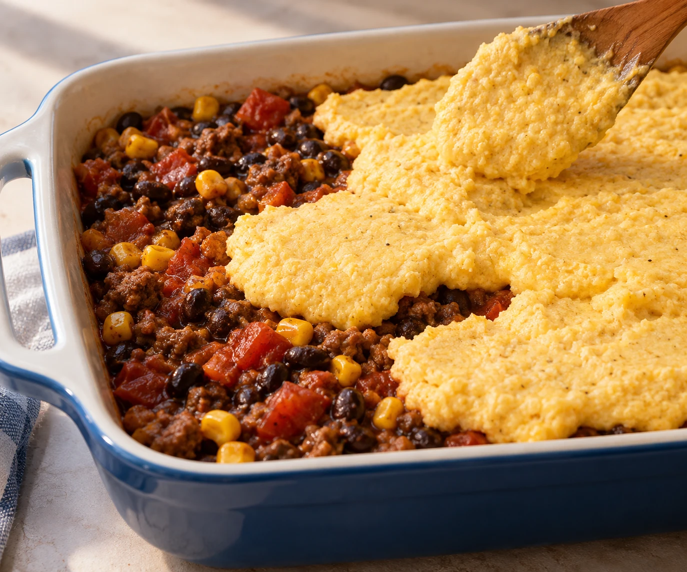Thick beef and bean filling in a casserole dish is being covered with cheddar cornmeal batter.