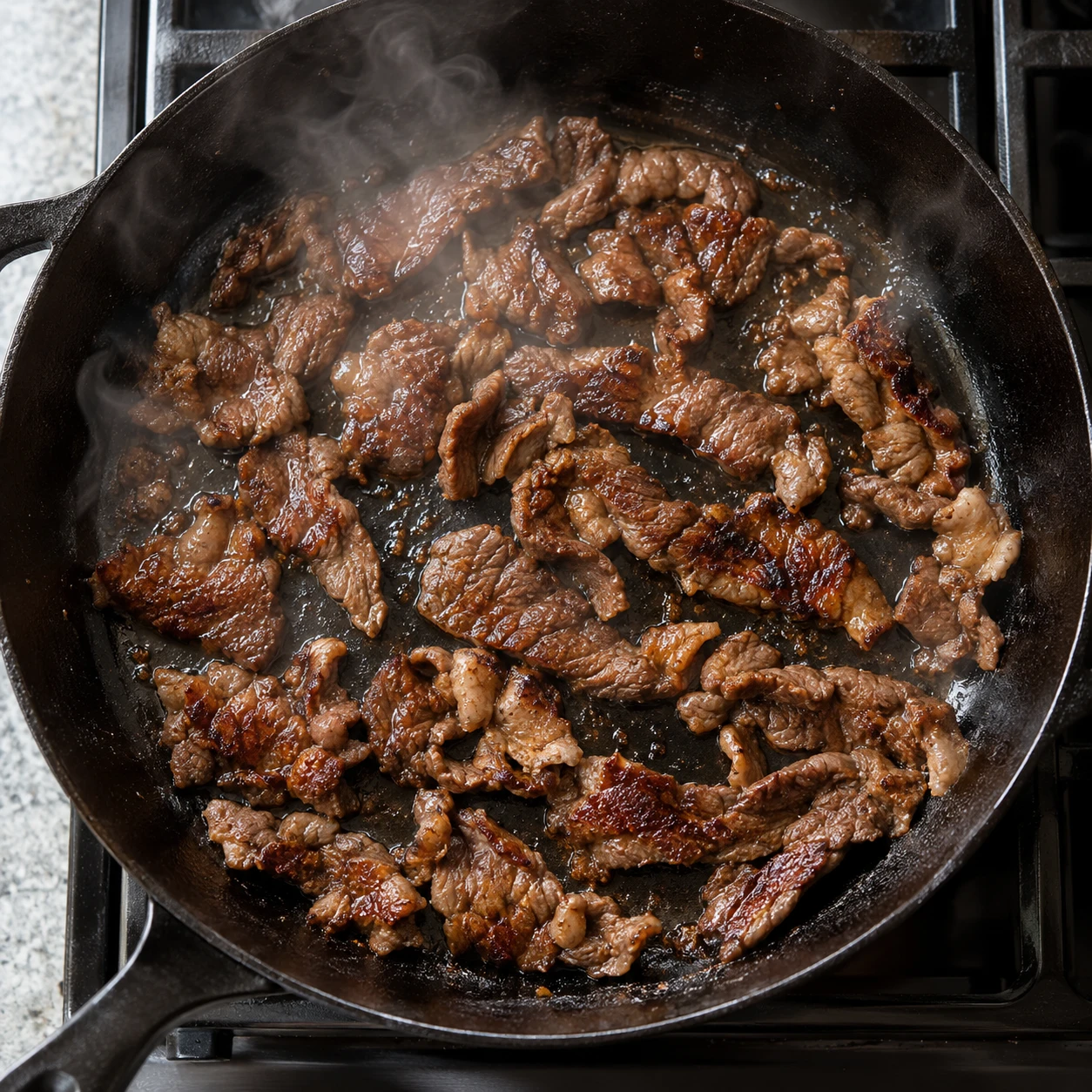 Paper-thin marinated beef sears in an uncrowded cast-iron skillet with caramelized edges.