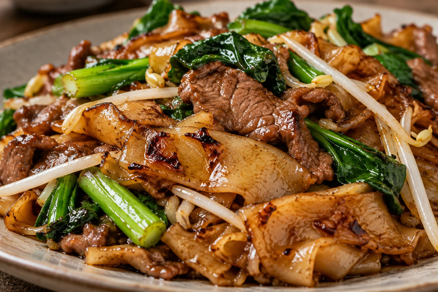 Close detail shows lightly charred rice noodles beside glossy beef and bright Chinese broccoli.