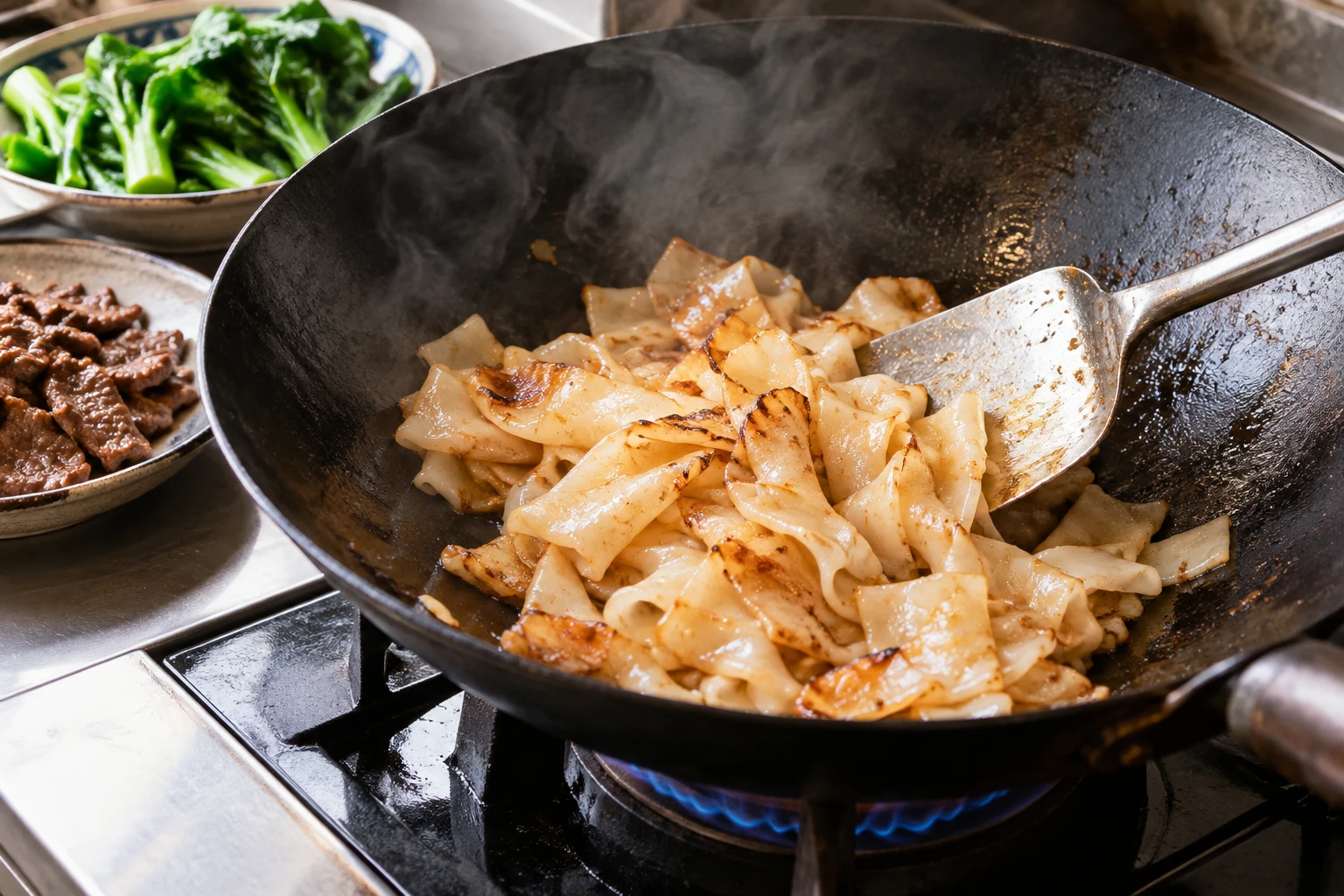 A small batch of wide rice noodles chars in a hot wok while prepared ingredients wait nearby.