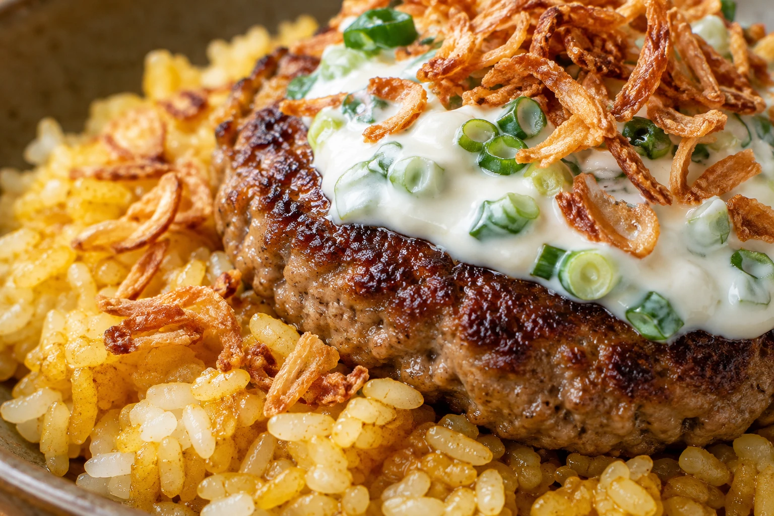 Crisp shallot curls and sliced scallion rest over yogurt on a juicy beef patty and curry rice.