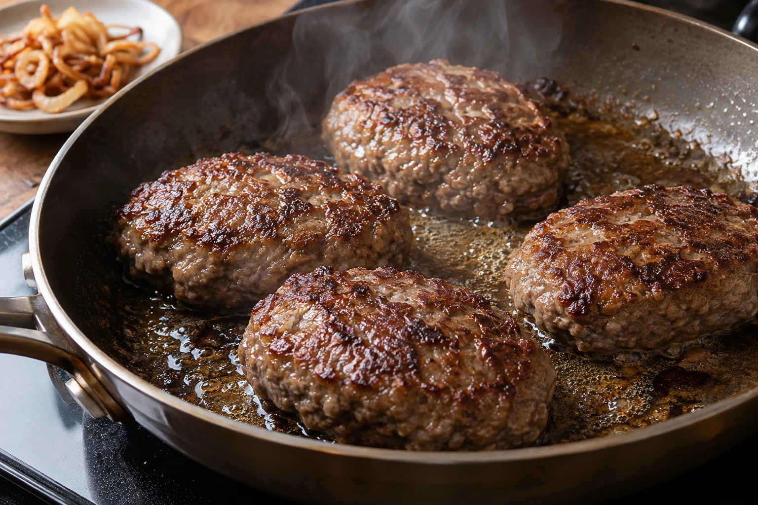 Unbreaded oval beef patties develop a deep brown crust in a wide skillet.