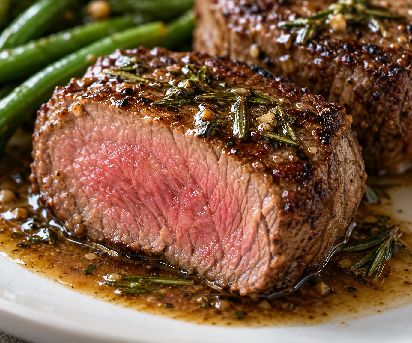 A rosy tenderloin center and glossy rosemary sauce show the finished medallion texture.