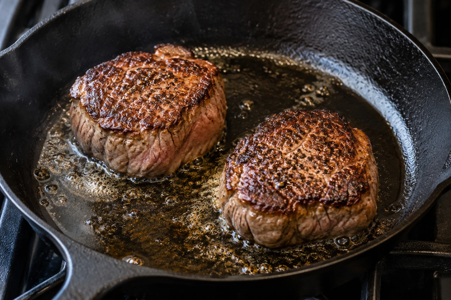 Two tenderloin medallions sear with space between them in a heavy skillet.