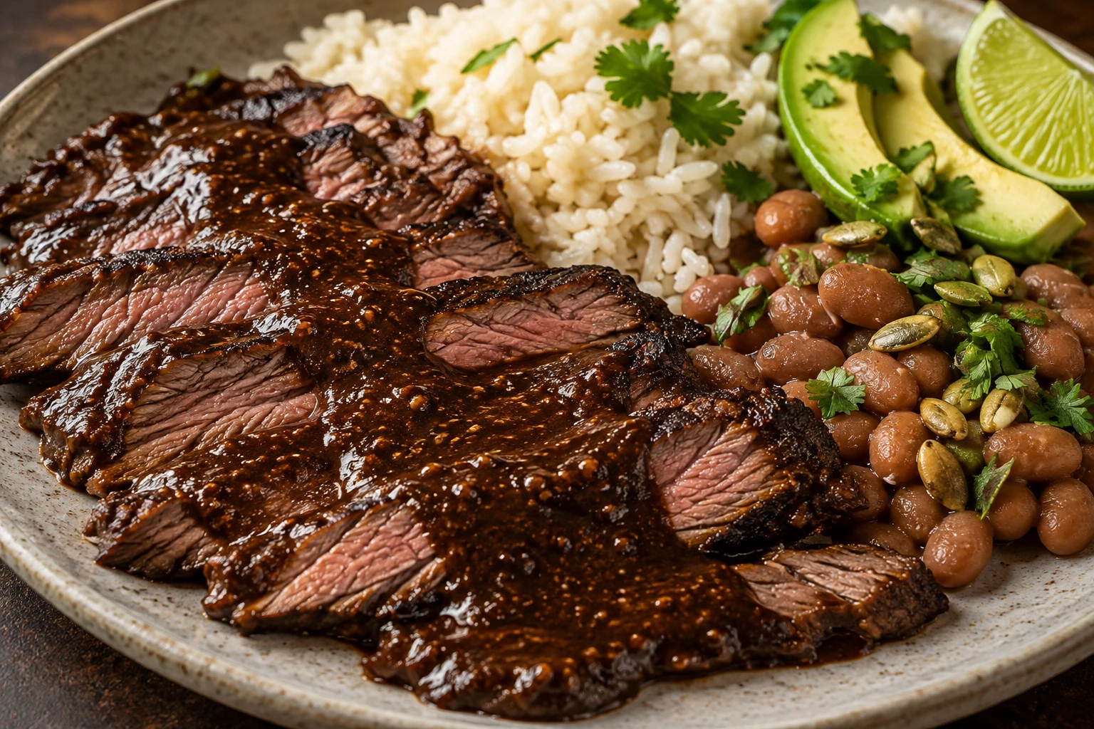 Glossy mole-coated flank steak and distinct rice and beans are finished with avocado, lime, pepitas, and cilantro.
