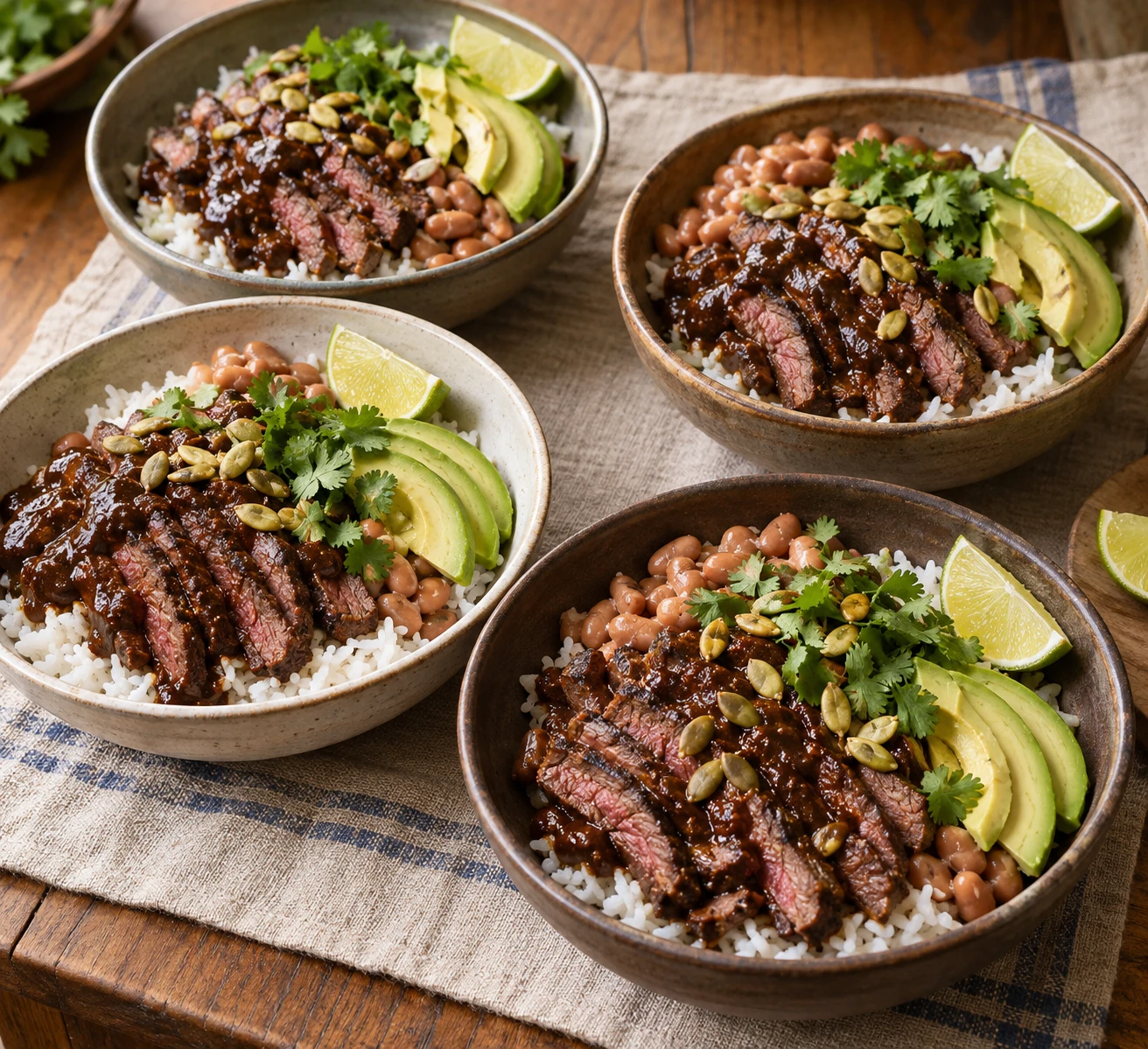 Four bowls of mole-coated flank steak with rice, pinto beans, avocado, lime, pepitas, and cilantro.