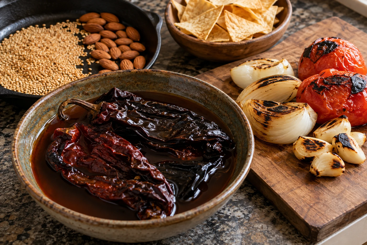 Toasted chiles soak in broth beside the browned aromatics, sesame, almonds, and tortilla for mole.