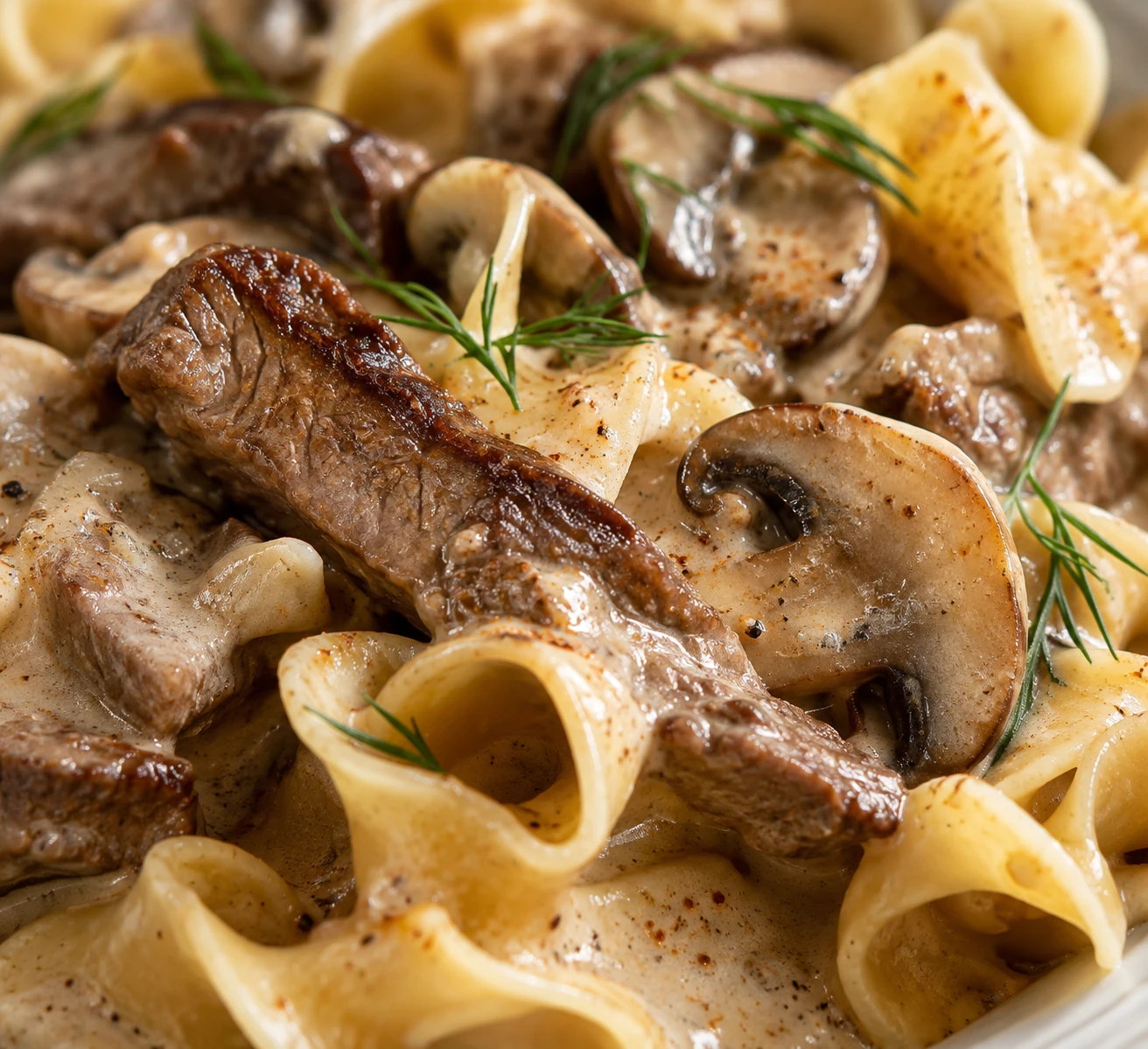A browned slice of sirloin, mushroom, and egg noodle are coated in smooth paprika-flecked sauce.
