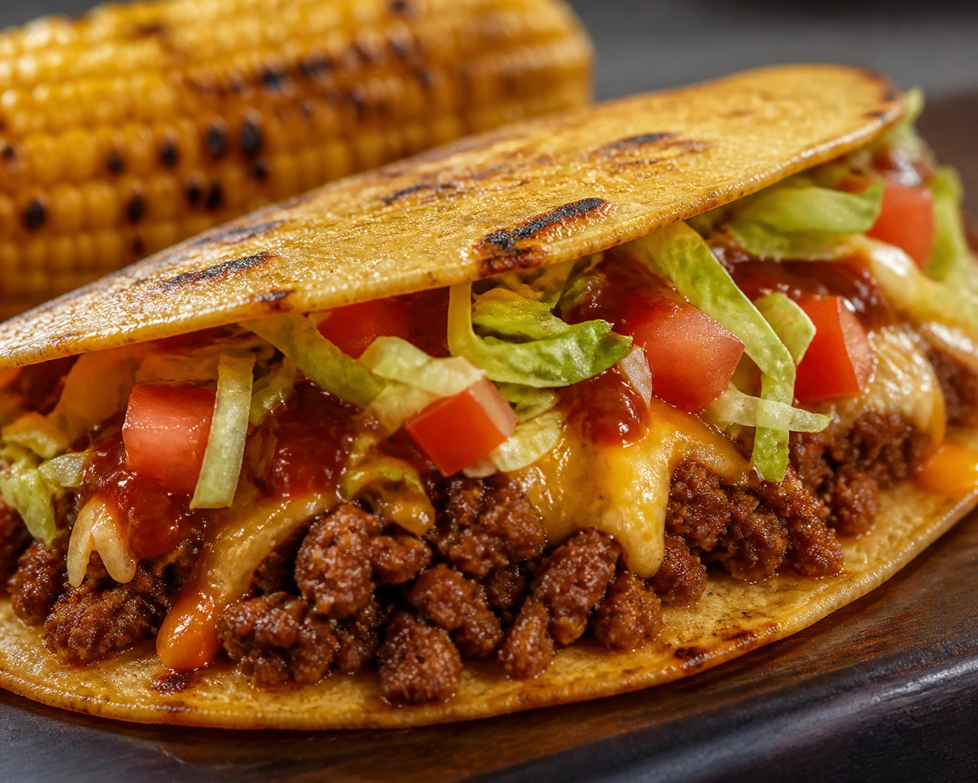 A folded toasted taco reveals craggy browned beef, crisp lettuce, cheese, tomato, and glossy smoky red sauce.