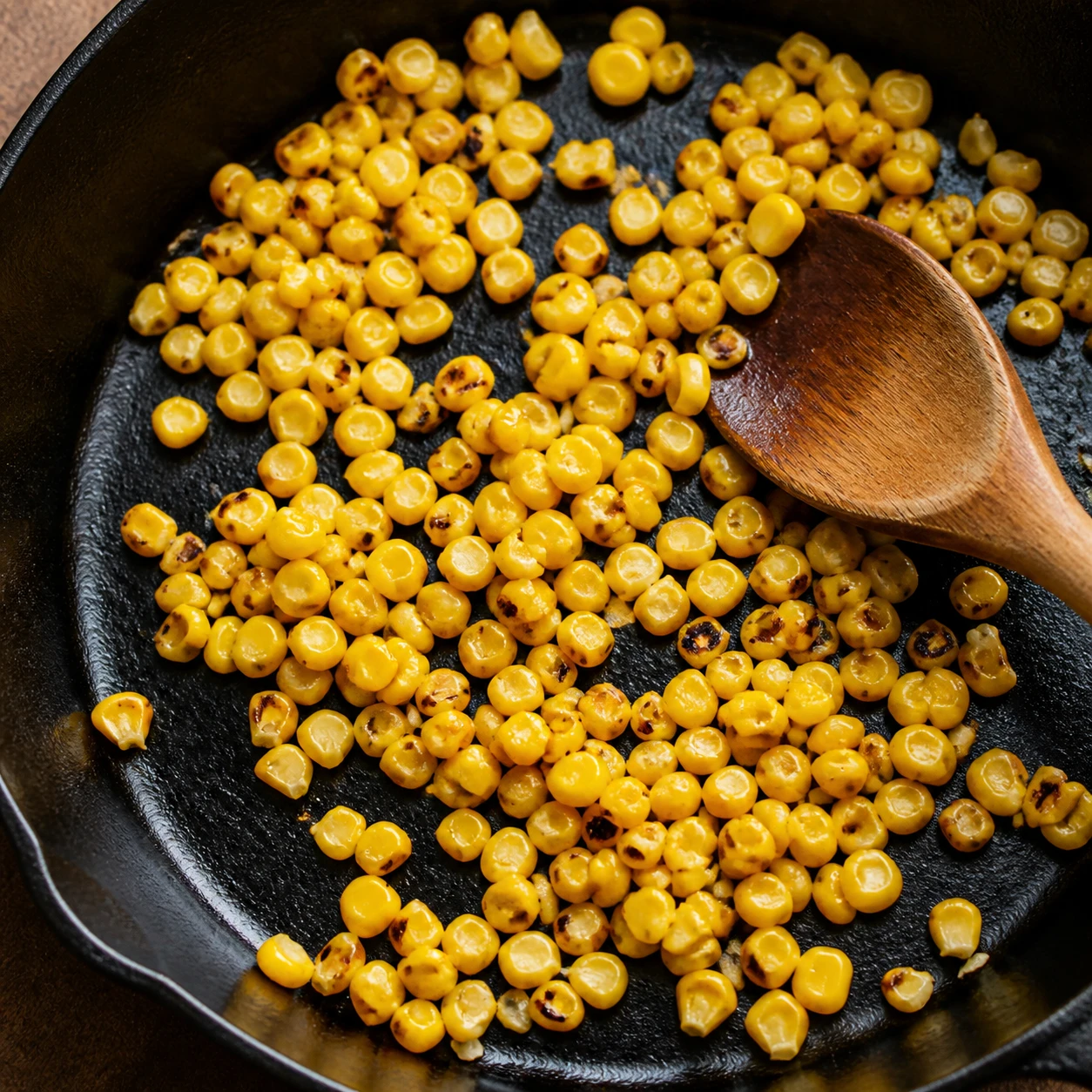 Golden corn kernels develop dark brown char marks across a hot cast-iron skillet during cooking.