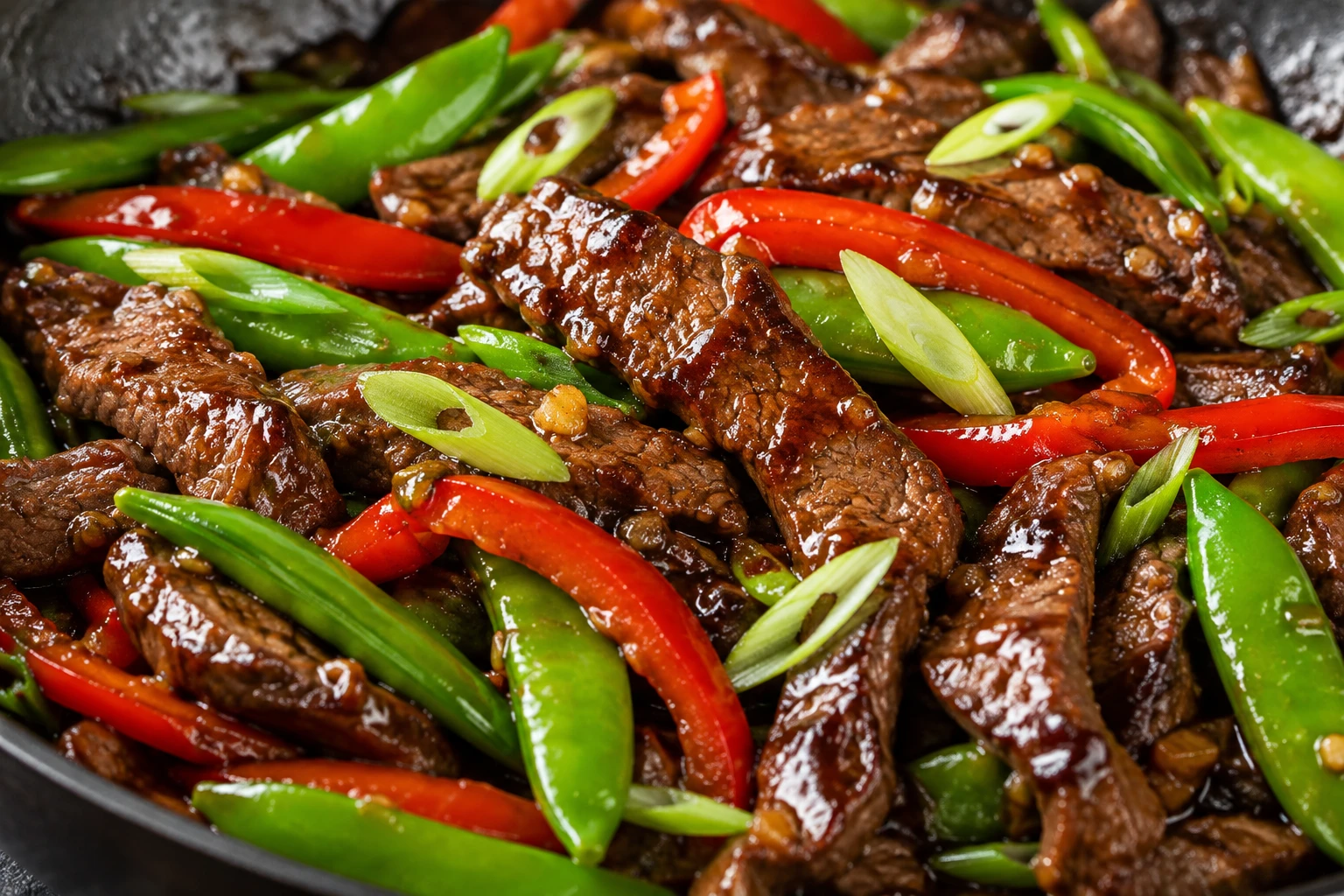 Ginger-soy glaze clings to browned beef beside glossy red pepper and bright crisp snap peas.