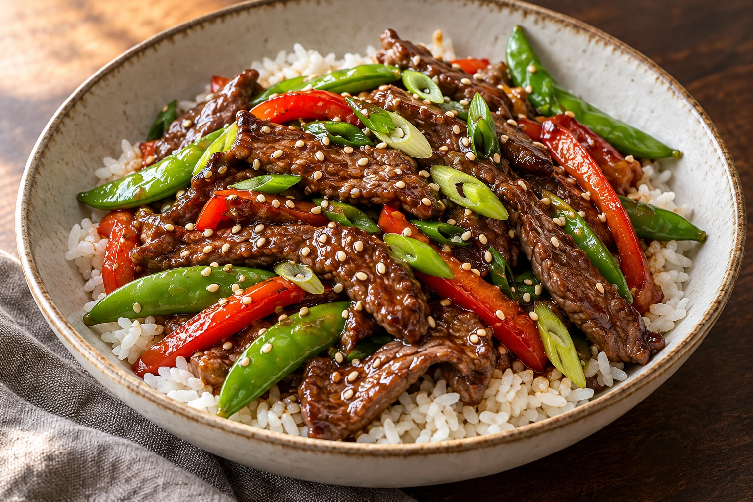 Glossy teriyaki flank steak, crisp snap peas, and red pepper served over rice with scallions and sesame seeds.