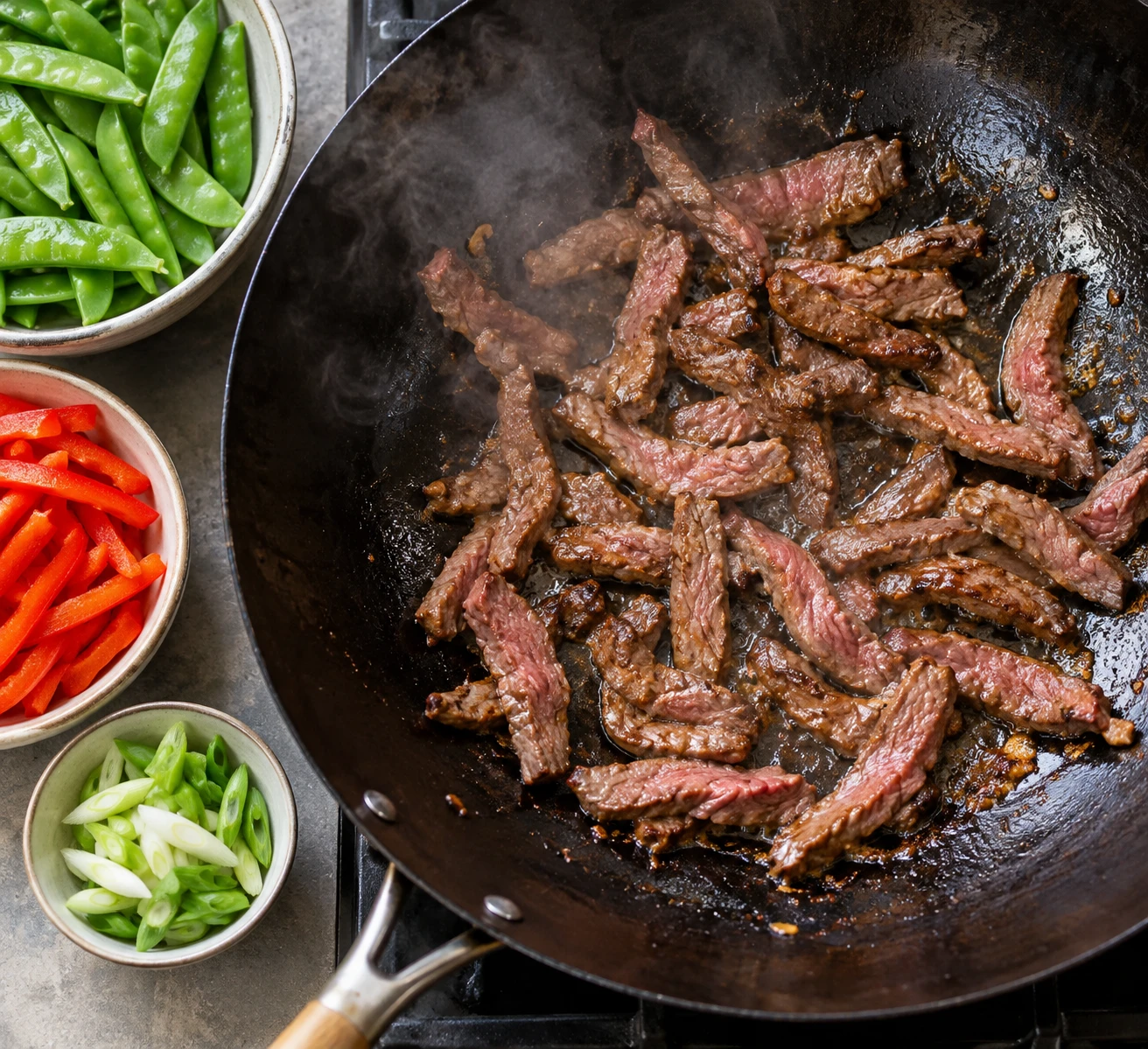 Thin slices of flank steak sear in an open layer in a hot wok beside prepared vegetables.