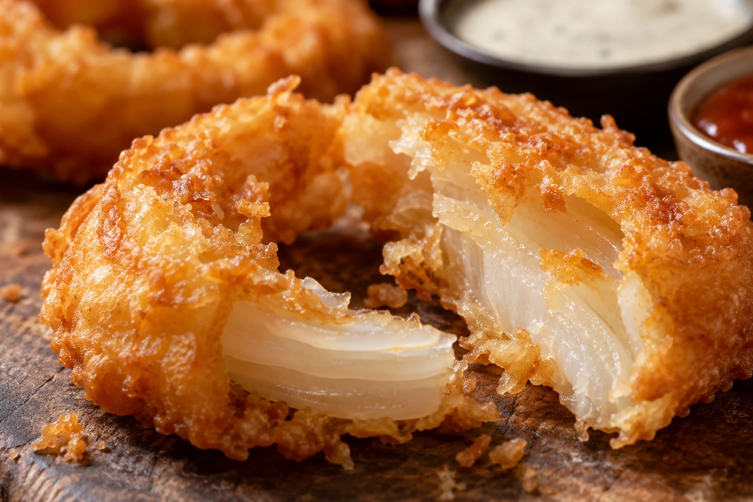 A crisp golden onion ring reveals tender onion layers beside blurred dipping sauces.