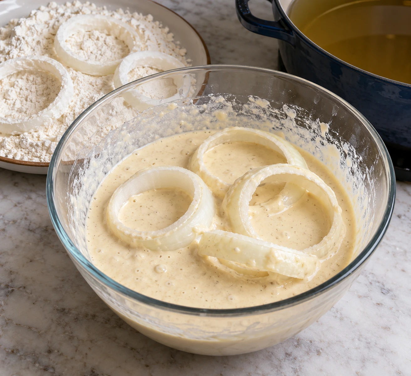 Dry onion rings sit beside a bowl of cold lager batter and a shallow dish of flour before frying.