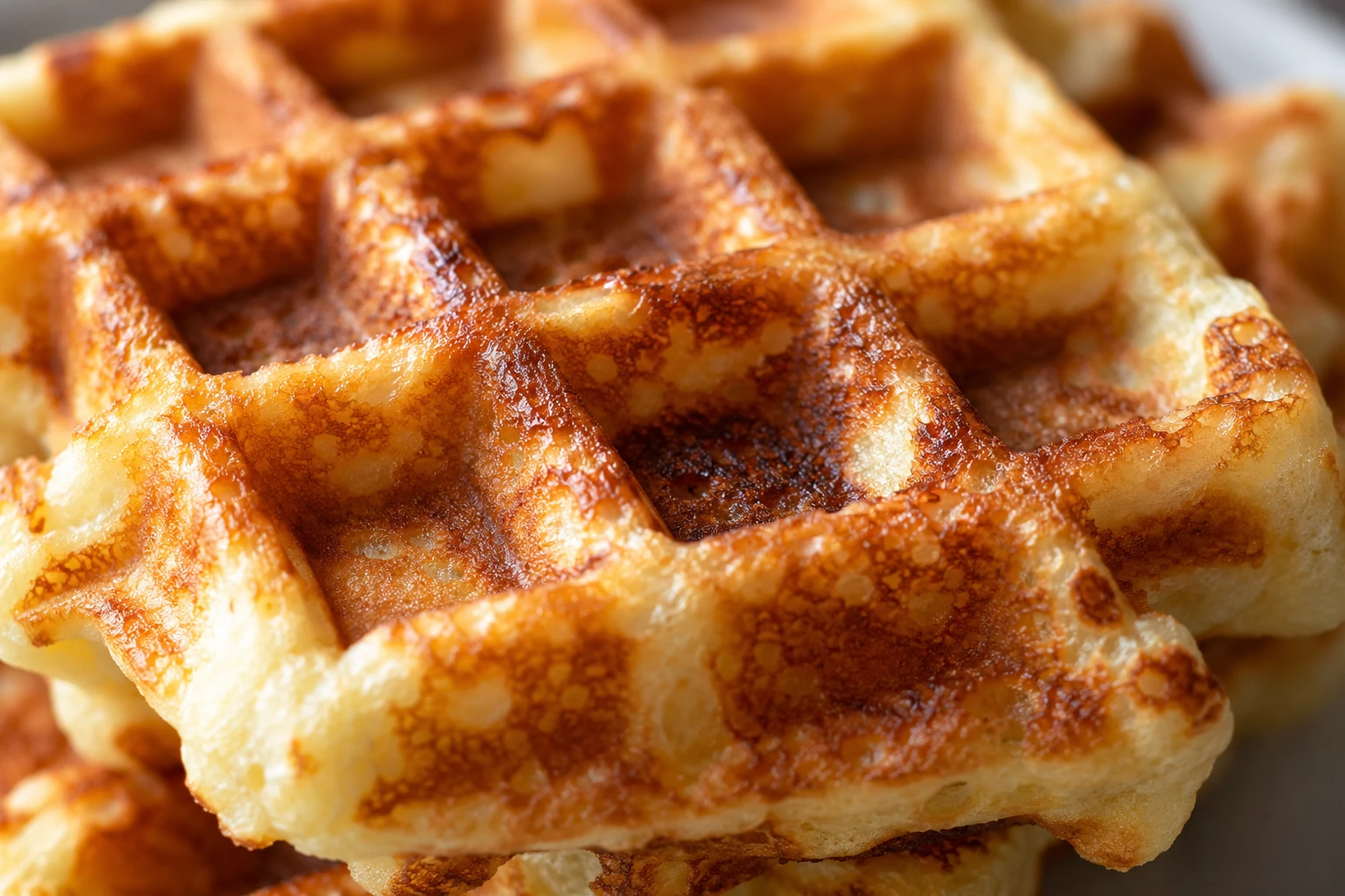 Close view of browned waffle ridges and a light tender interior beneath the crisp surface.