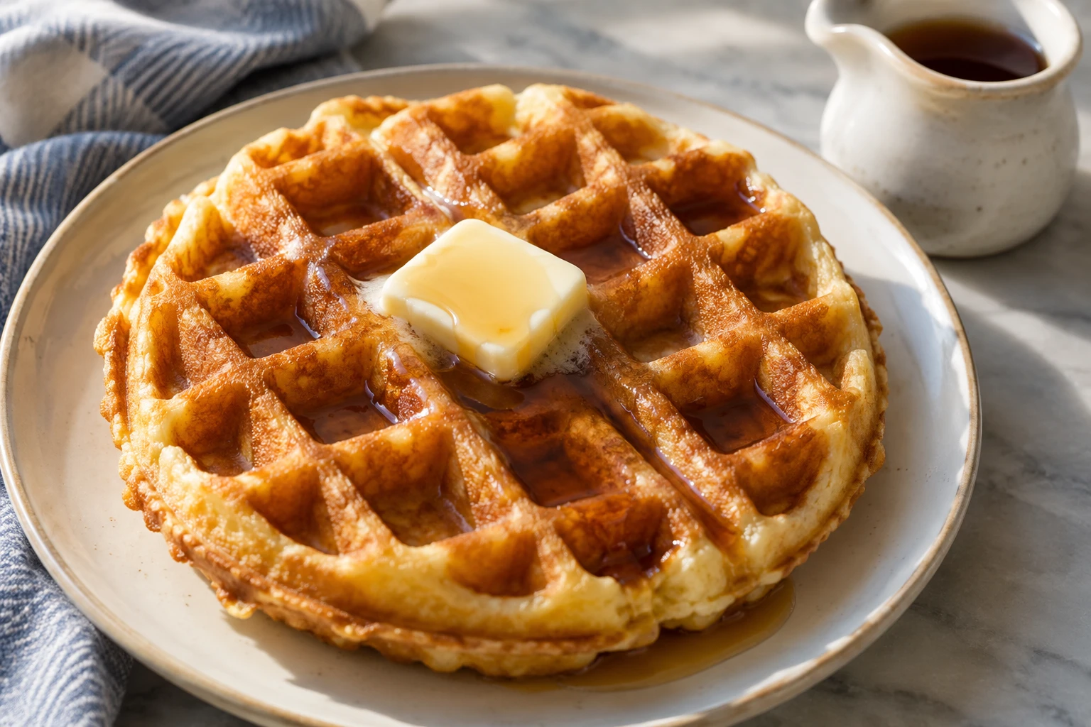A golden Belgian waffle with crisp deep ridges, softened butter, and maple syrup served alongside.