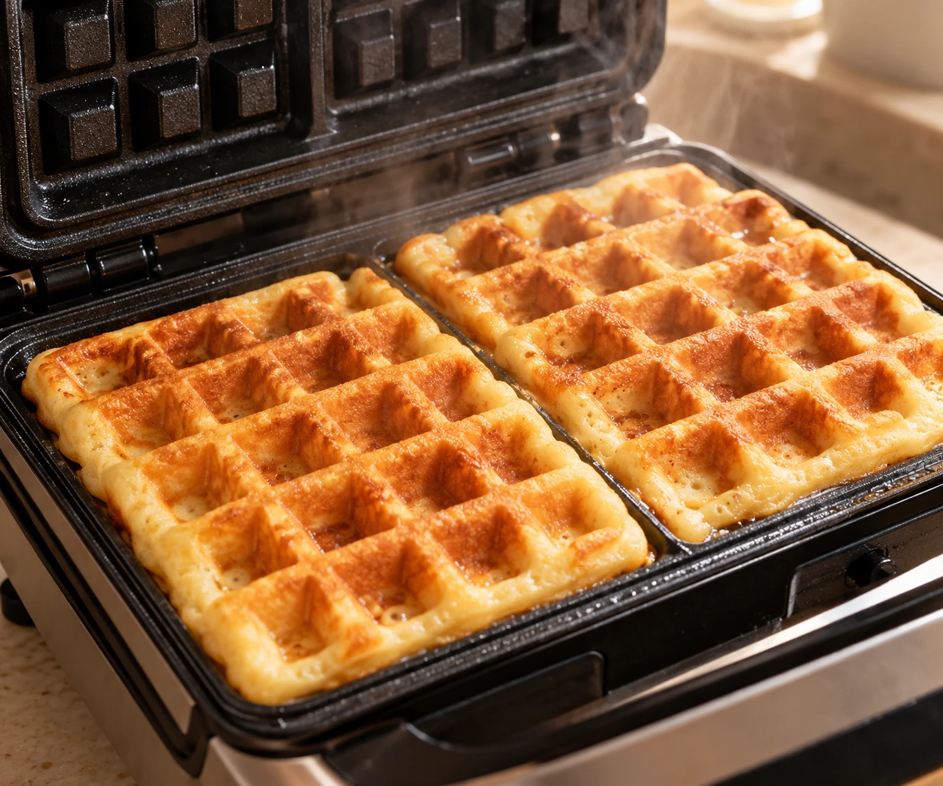 Fresh batter fills the deep ridges of a preheated Belgian waffle iron as steam escapes.
