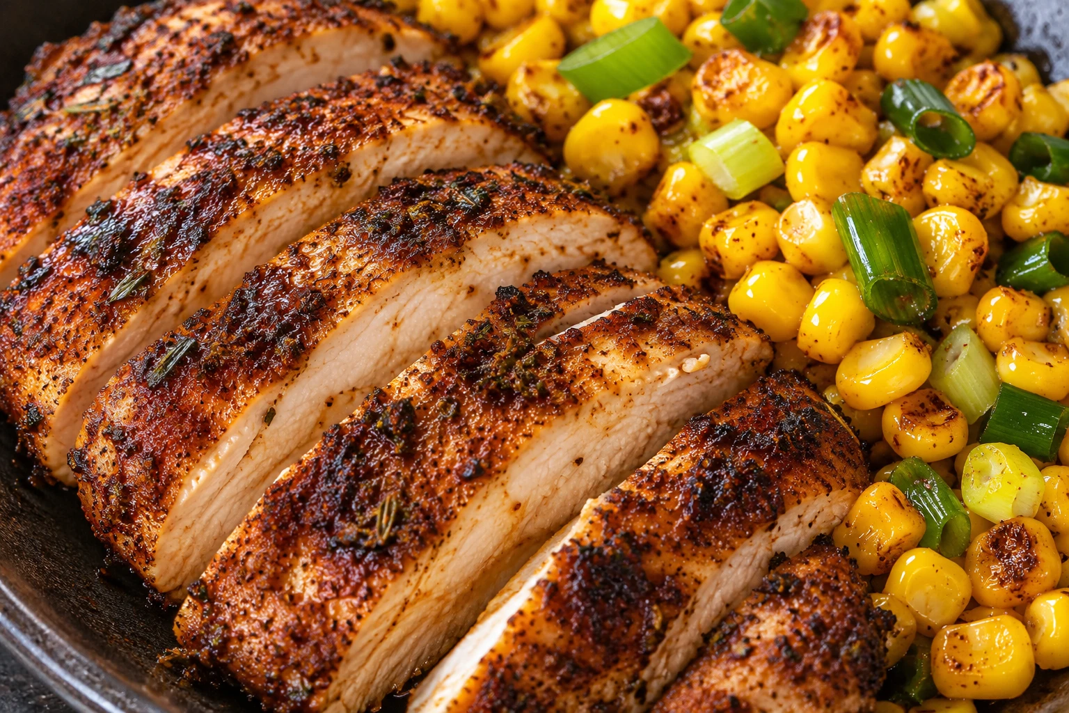 A juicy chicken slice reveals its dark Cajun crust beside golden corn and fresh scallion.