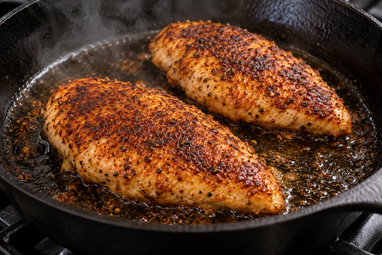 Cajun-spiced chicken breasts sear in a cast-iron skillet as their paprika crust darkens.