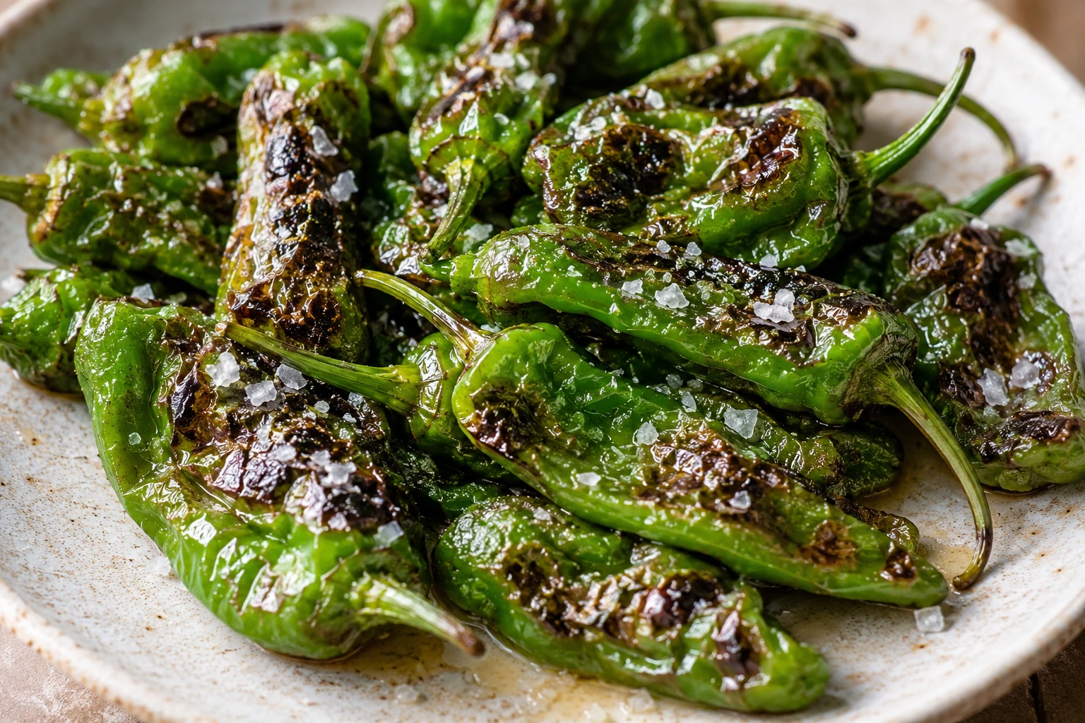 Tender Padrón peppers show scattered charred blisters with flaky sea salt clinging to glossy skins.