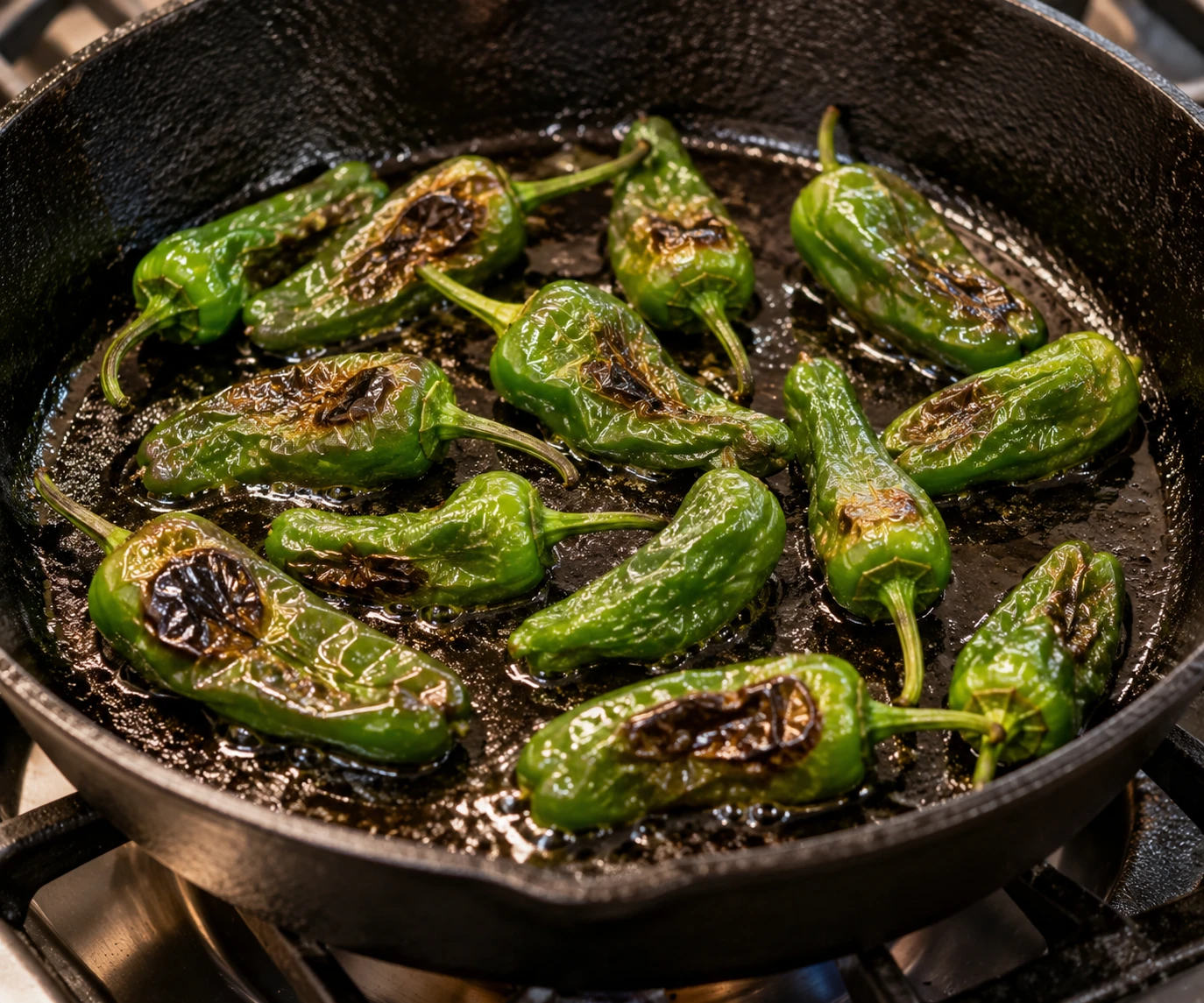Padrón peppers blister in a thin film of olive oil inside a hot cast-iron skillet.