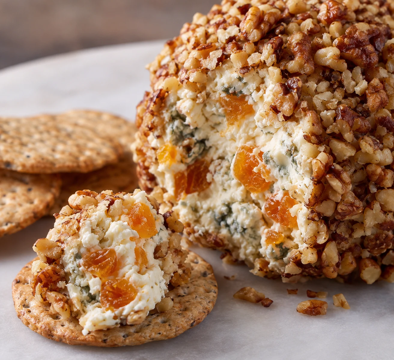A close view shows the creamy cheese center and chunky toasted walnut coating on a cracker.